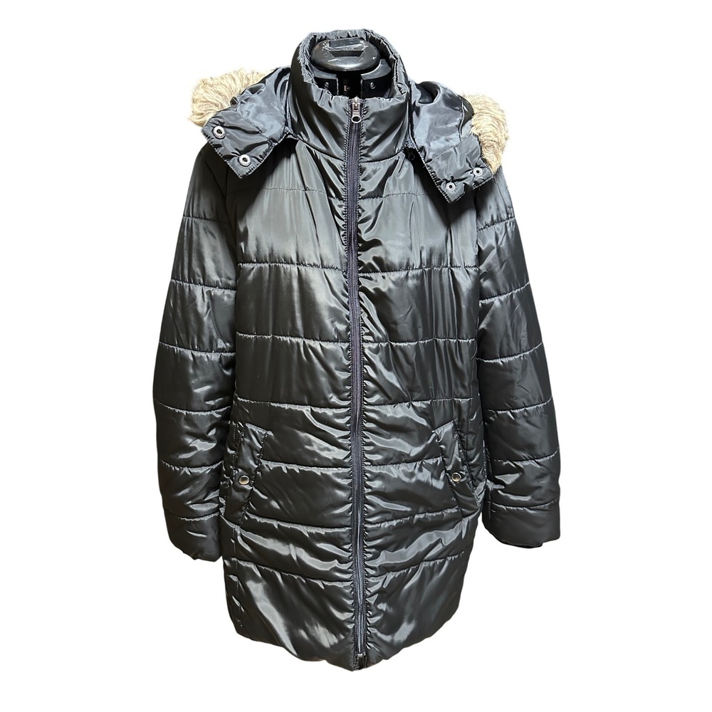 ST JOHN'S BAY Women's Black Puffer Coat Hooded Faux Fur Trim Winter XXL